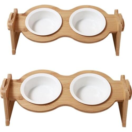 Non-Slip Double Cat Bowl Dog Bowl With Stand Pet Feeding Cat Water Bowl Wooden Elevated Cats Food And Water Bowls Stand Feeder