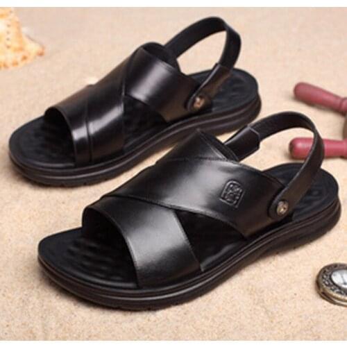 Soft-soled beach shoes black mens sandals large size middle-aged dad leather sandals and slippers middle-aged mens shoes