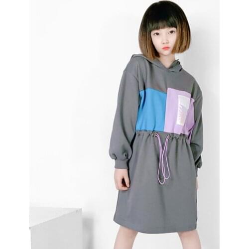 Teenagers Girls Active Dresses 2021 New Autumn Fashion Children Patchwork Clothes Hooded Contrast Color Casual Drawstring Dress