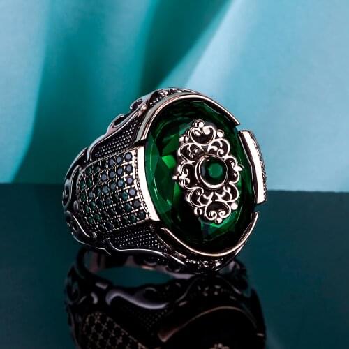 Silver mens ring 925 sterling Turkish handmade jewelry green zircon stone all size