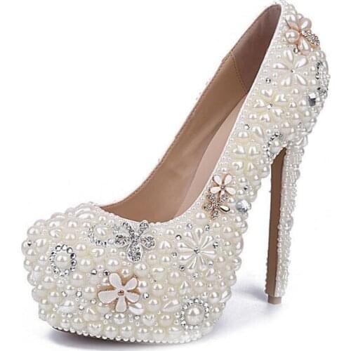 Ivory Wedding Shoes Pearl Bridal Rhinestone Bride Bling Princess Pumps Diamond Flower Bridesmaid 160mm High Heel Pumps