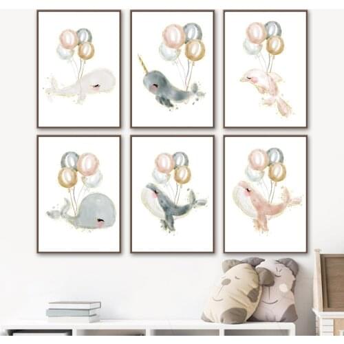 Balloon Whale dolphin Narwhal Marine life Nursery Wall Art Print Canvas Painting Nordic Poster Wall Picture Baby Kids Room Decor