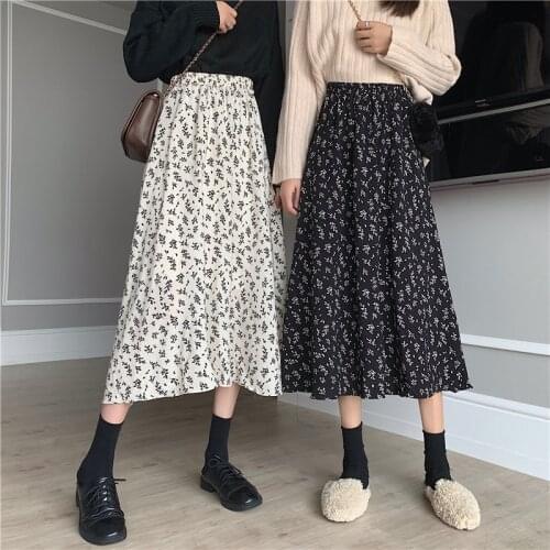 Floral Print Skirt Sweet Womens Long Spring Autumn Elastic Waist Ladies Midi Skirts Casual High Waist Skirt for Female 2021