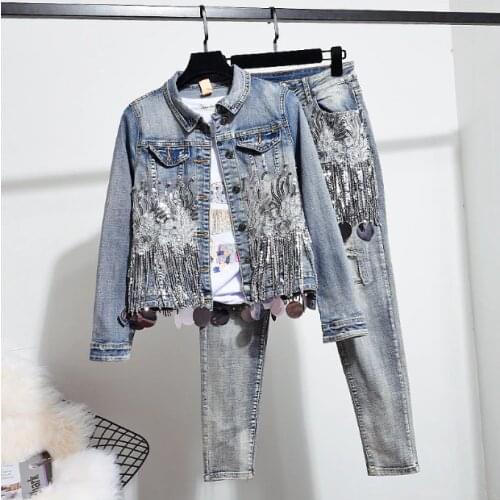 European Autumn Women Fashion Sequins Short Jacket Coat + Hole Jeans Two Piece Vintage Denim Set Student Streetwear