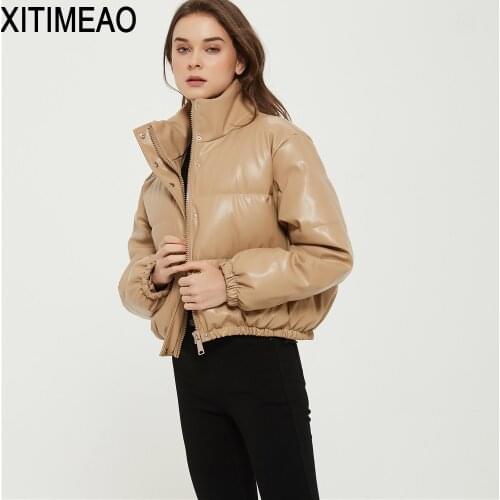 ZA Women 2020 Fashion Faux Leather Padded Jacket Thick Warm Parka Coat Vintage Long Sleeve Female Outerwear Chic Tops