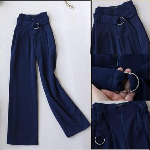 Women Classic Full-length High Waist Belted Wide Leg Pants Casual Chic Spring Autumn Trousers