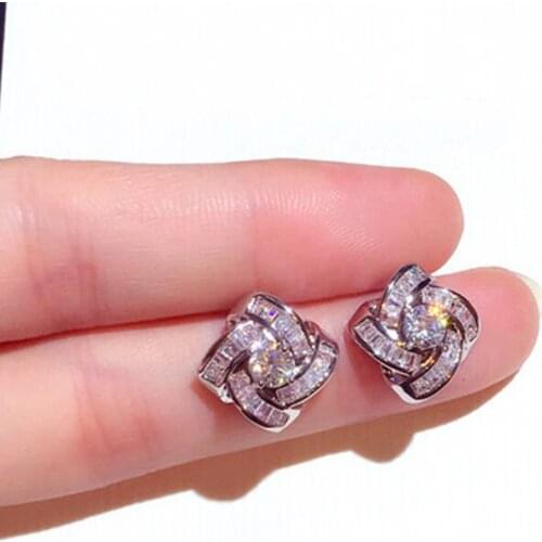 Real Sterling Silver princess Square Line zirconia stud Earrings for women Wedding brincos Boucle D'oreille Femme Bijoux Jewelry