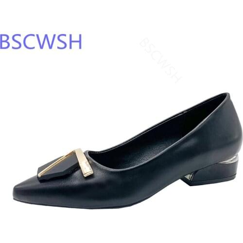 Women Pumps Metal Decoration Buckle Boat Shoes Pointed Toe Dress Shoes Low Heel Office Lady Zapatos De Mujer 2020