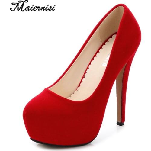 MAIERNISI Plus size 46 woman pumps Rubber Bottom high heels Shoe flock Platforms Pump Suede Classic lady party sexy big shoes