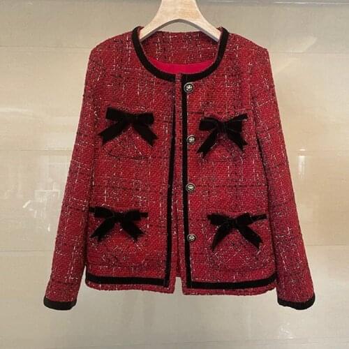 Chic Women Jacket Designer Sweet Bow Tie Tweed Suit Coat Runway Single Breasted Long Sleeve Wool Cashmere Outwear Tops