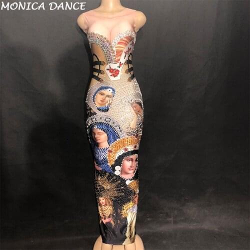 Women Sexy Stage Long Dress Sleeveless Virgin Mary Head Portrait Sparkling Crystals Printed Nightclub Party Birthday Bling Dress