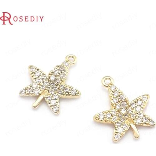 40369)4PCS 10.5x12.5MM 24K Gold Color Brass and Zircon Maple Leaf Charms Pendants Jewelry Making Supplies Findings Accessories