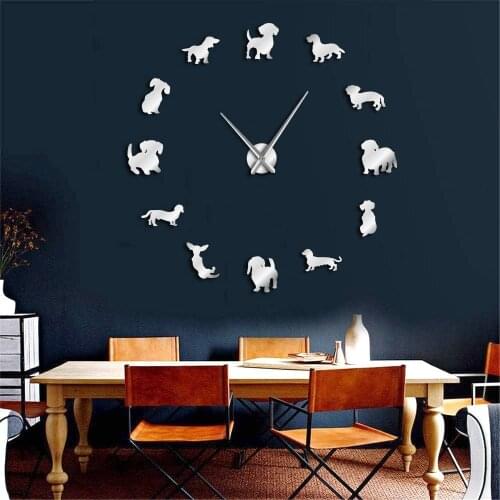 DIY Mirror Effect Dachshund Wall Art Wiener-Dog Puppy Dog Pet Frameless Giant Wall Clock With Sausage Dog Large Clock Wall Watch