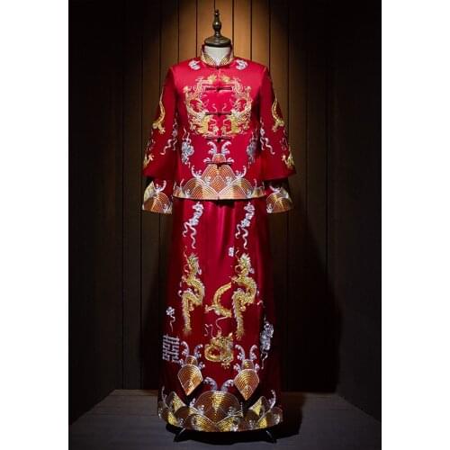 FZSLCYIYI Groom Dragon Embroidery Chinese Traditional Wedding Long Gown Robe Vintage Clothing Elegant Oriental Tang Suits