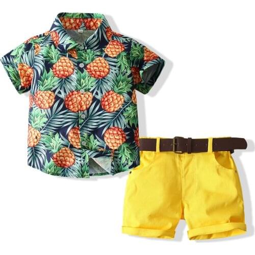 Kimocat Boy Fashion Shorts Suit, Pineapple Print Short-Sleeved Shirt + Yellow Shorts + Belt, Summer 3-Piece Set 1-6 Years