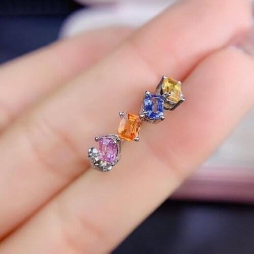 Fashion delicate grace Row square Natural Multicolor sapphire Ring S925 Silver Natural Gemstone Ring Womens office gift Jewelry