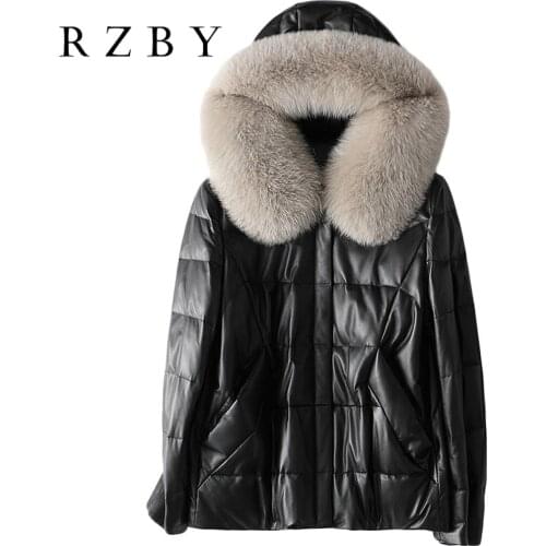 RZBY 3XL women Genuine Leather Jacket winter fur 100% real Sheepskin Coat women White duck down Jacket fit Russian winter