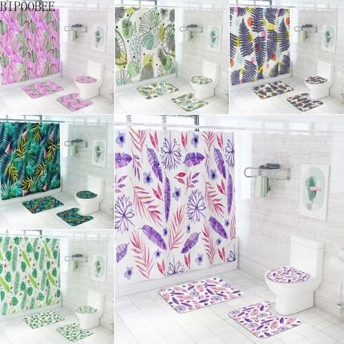 Plant Leaf Frabic Shower Curtains Bathroom Curtain Palm Leaves Pattern Bath Mat Pedestal Non-slip Carpet Flannel Toilet Cover
