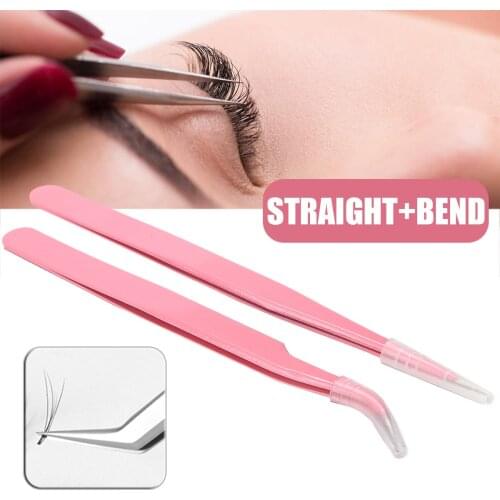 Mayitr 2pcs Fashion Pink Stainless Steel Eyelash Extension Straight+ bend Optional Tweezers Professional Eye Lashes Tweezer