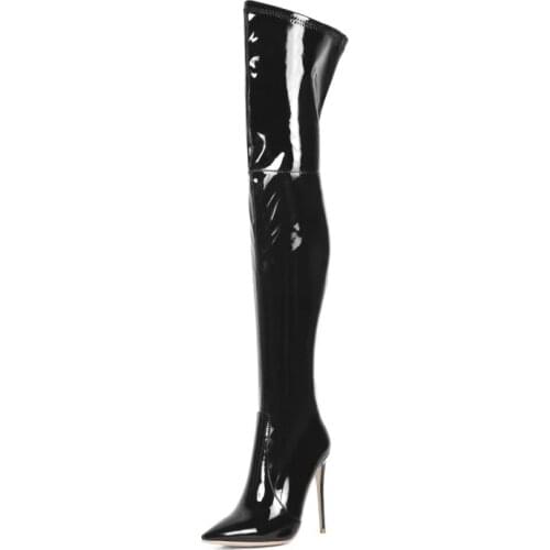 Fashion Crotch Ladies Shiny Leather Thigh High Dance Boots Sexy Stiletto Heel Booties Pointed Toe Candy Colors Party Shoes Women
