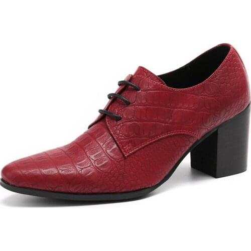 Red High Heels Mens Wedding Shoes Pointed Toe Embossed Leather Dress Men Shoes Career Work Singer Dancer Height Increase Shoes