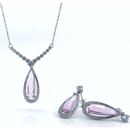 Pırlanta Montür Pembe Kuvars Anturaj 925 Gümüş Set Takım