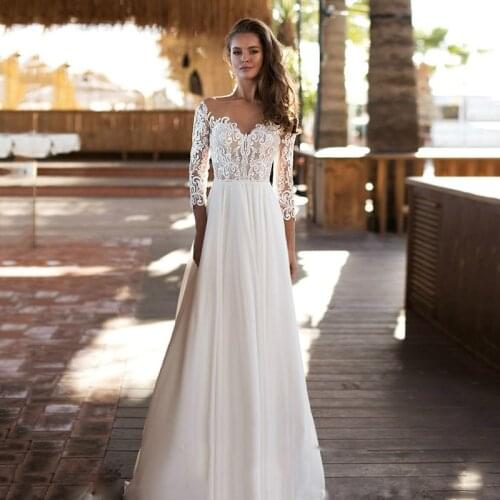 Sexy V-neck Long Wedding Dress with 3/4 Sleeves Lace Appliqued Chiffon Elegant Bridal Dresses Open Back Wedding Party Gowns 2020