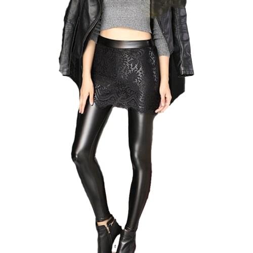 Sexy Women PU Zipper Open Crotch Leggings High Rise Waist Pencil Pants Faux Leather Club Wear With Fake Lace Skirt F79
