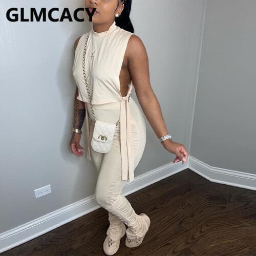 Two Piece Chic Summer Suits Sleeveless Loose Top & Ruched Pants Set