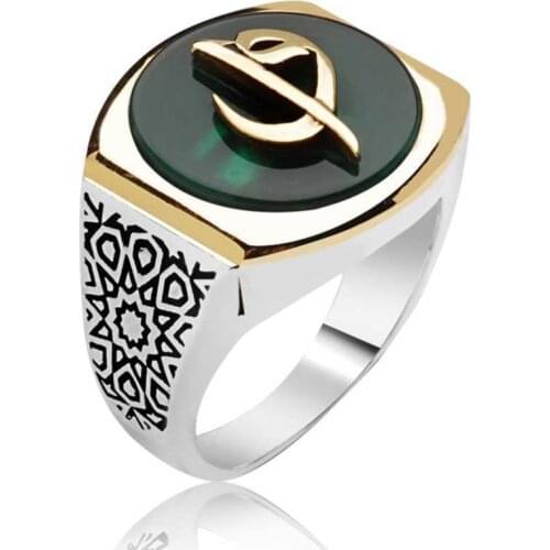Tevuli 925 Sterling Silver Green Aleph Vav Male Ring