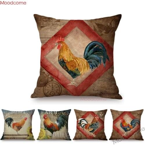 Vintage Farm Decoration Rooster Cock Chicken Oil Painting Sofa Throw Pillow Cover Cotton Linen Home Decorative Cushion Cover