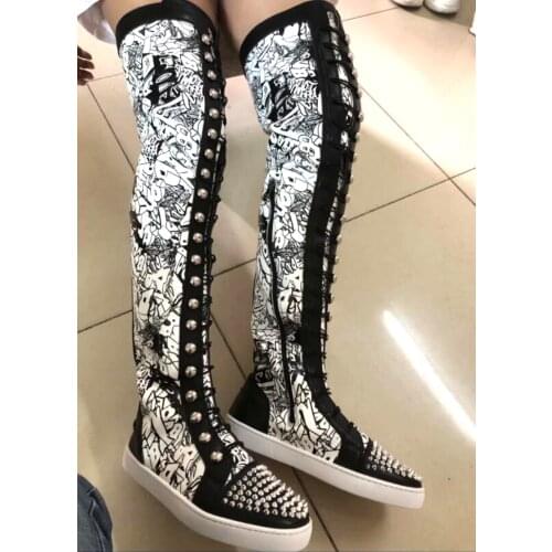 Factory Metal Rivets Toe Scrawl Printing Thigh Boots Woman Cross Tie Martin Boots Men Over The Knee Boots Unnisex Botas