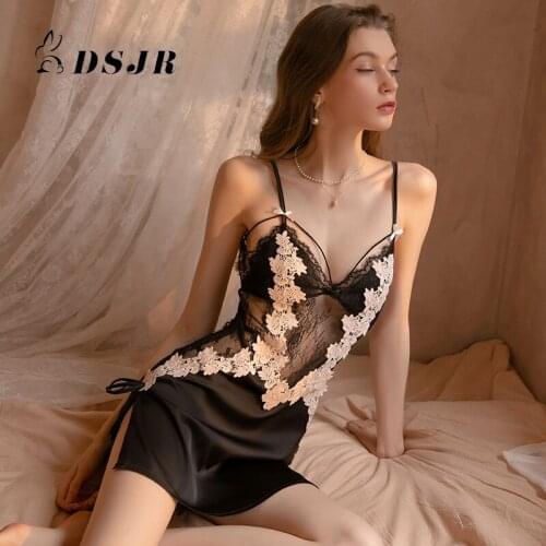 Lady Lace See-through Pron Nightdress Women Erotic Hollow Out Thigh-Slited Sleeveless Skirt Sexy T-Back Babydoll Pijama Mujer