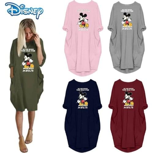 Disney Mickey Mouse Women T-shirts Dress Cartoon Pattern Casual Letter O-Neck Long Tshirts Women Summer Plus Size Tee Dress Tops