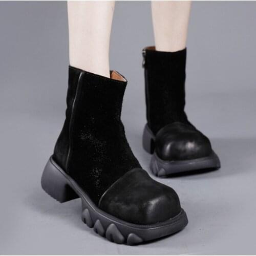 2021 New Retro Shoes for Women Boots Autumn Winter Genuine Leather Matte Zip Round Toe Handmade Concise Platform Boots Mujer