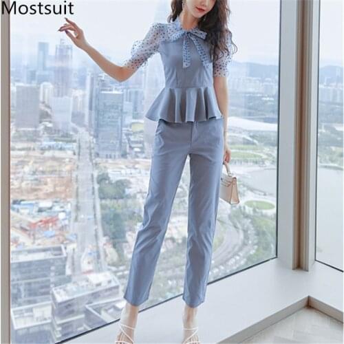 2021 Summer Elegant Office Two Piece Sets Women Dot Printed Short Sleeve Tunic + Pants Suits Workwear Ol Style Ladies Set Femme