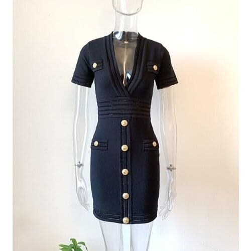 2020 short sleeve see-through rivet button knitted short sleeve V-neck dress INS bag hip skirt high quality womens wholesale