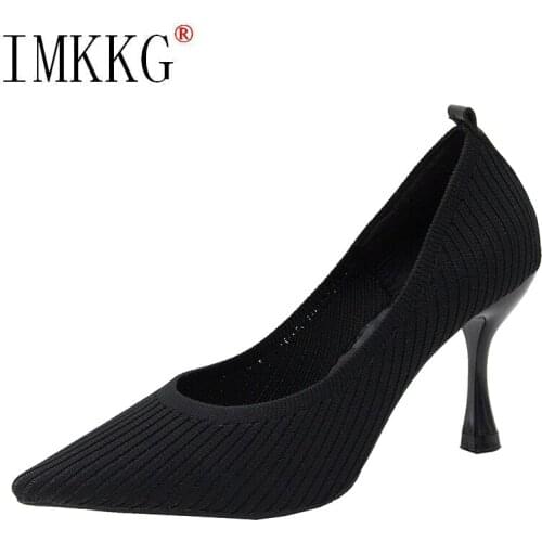 2021 New Fashion Black High Heels Shallow Mouth Womens Shoes Professional Work Shoes Pointed Toe Stiletto Knitted Single Shoes