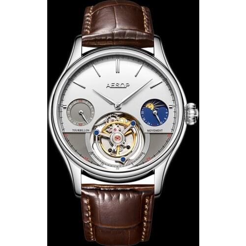 New Mens Tourbillon Luxury Mechanical Movement Watch Men Moon Phase Genuine Leather Real Tourbillon Sapphire Watches Mens 2020