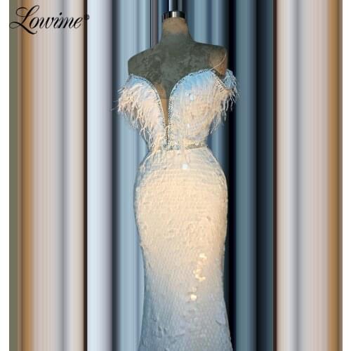 Arabic Evening Dresses Feathers Sequins Dubai Party Gown Robe De Soiree 2020 Celebrity Dress Long Prom Dresses Mermaid Vestidos