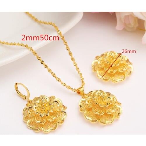 Noble 18 k Fine Yellow G/F Gold Multichamber Flower set Jewelry high-rise Pendant Chain Earrings Bride Wedding Bijoux Gift