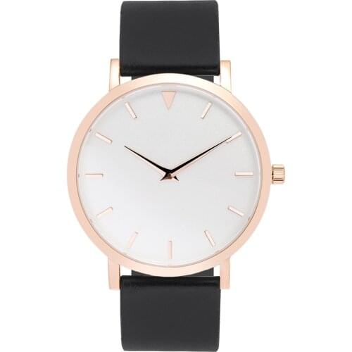 Stainless Steel Rose Gold Tone Case Watches Simple Design, 3D Index White Face Watches Black Leather