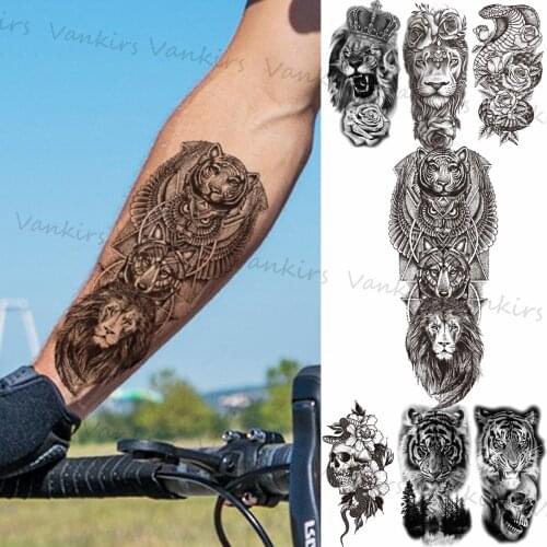 Black Lion Tiger Owl Wolf Temporary Tattoos For Men Forearm Women Rose Flower Skull Forest Snake Fake Tattoo Sticker Arm Tatoos