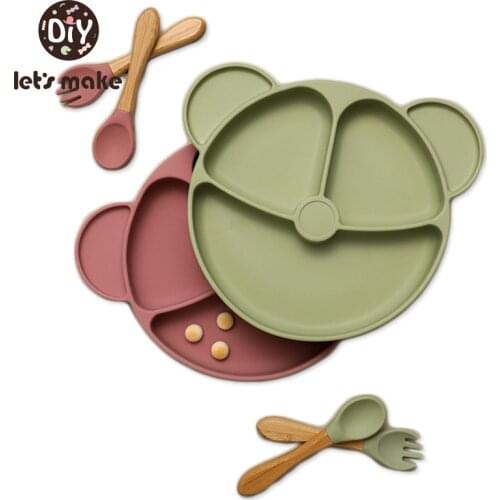 Lets make 1set Baby Silicone Plate Cartoon Bear Shape BPA Free Baby Tableware Spoon Anti-hot Training Plate Kids Feeding Bowl