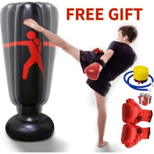 Kids Punching Bag with Boxing Gloves Inflatable Vertical Kickboxing Fitness Punching Bag with Stand Column Tumbler Sandbags 1.6m