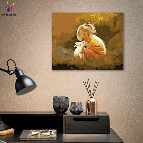 DIY colorings pictures by numbers with colors Little girl and rabbit in the grass picture drawing painting by numbers framed