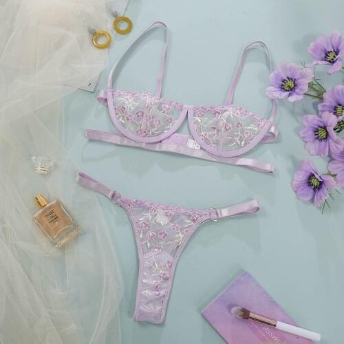 Hot sale new style womens thin section mesh embroidered sexy underwear underwire gather bra panty set thong sexy lingerie set