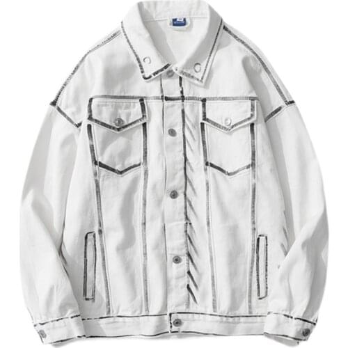 Graffiti Black Line White Denim Jacket Male Men Clothing Loose Casual Spring And Autumn 2021 New Trendy Handsome Coats
