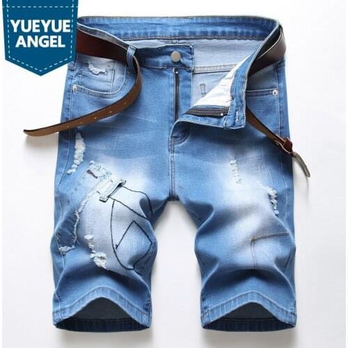 2021 Summer New Denim Shorts Mens Hole Fashion Concise Korean Style Vintage Casual Straight Knee Length Shorts Plus Size 28-42