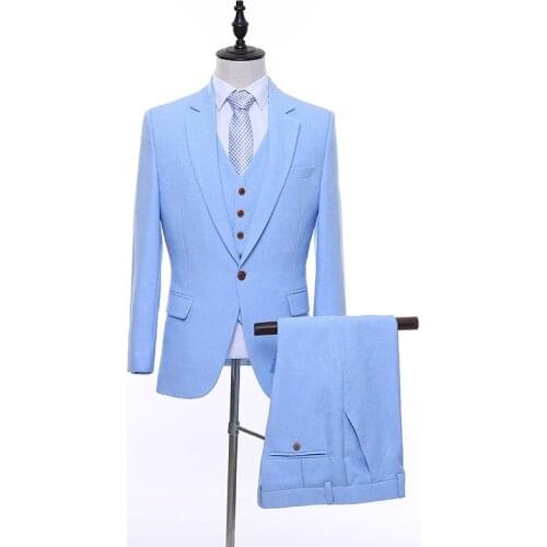Men Suit Slim Fit 3 Piece Wedding Groom Business Office Work Daily Life Party Prom Banquet Light Blue Single Breasted One Button